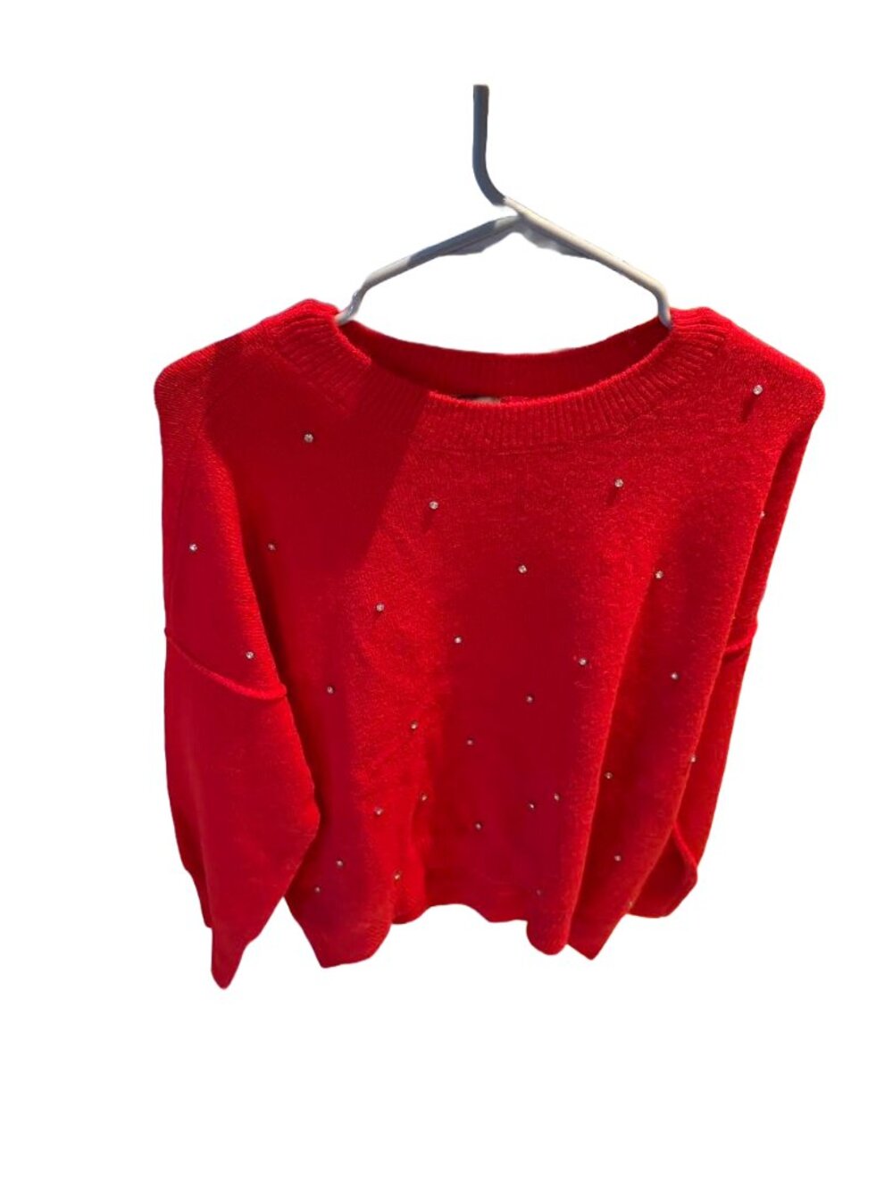 Vince Camuto Bright Cherry Rhinestone Studded Drop Shoulder Crewneck Sweater NWT